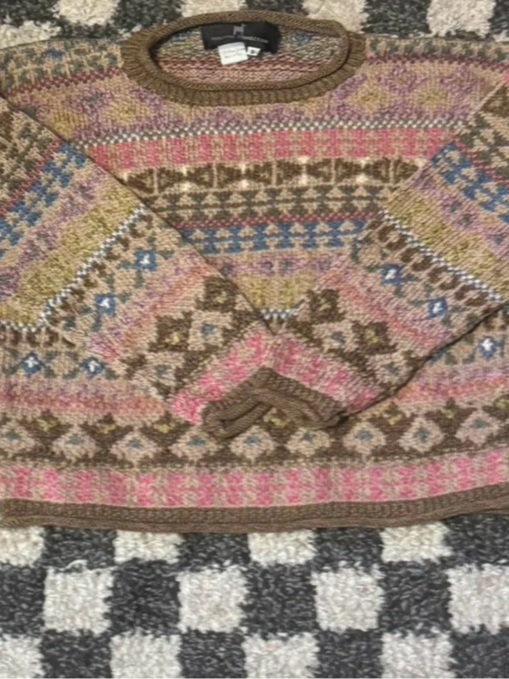 VintagePeruvian Connection Multicolor Fair Isle Crew Sweater - Brown, Pink, Blue